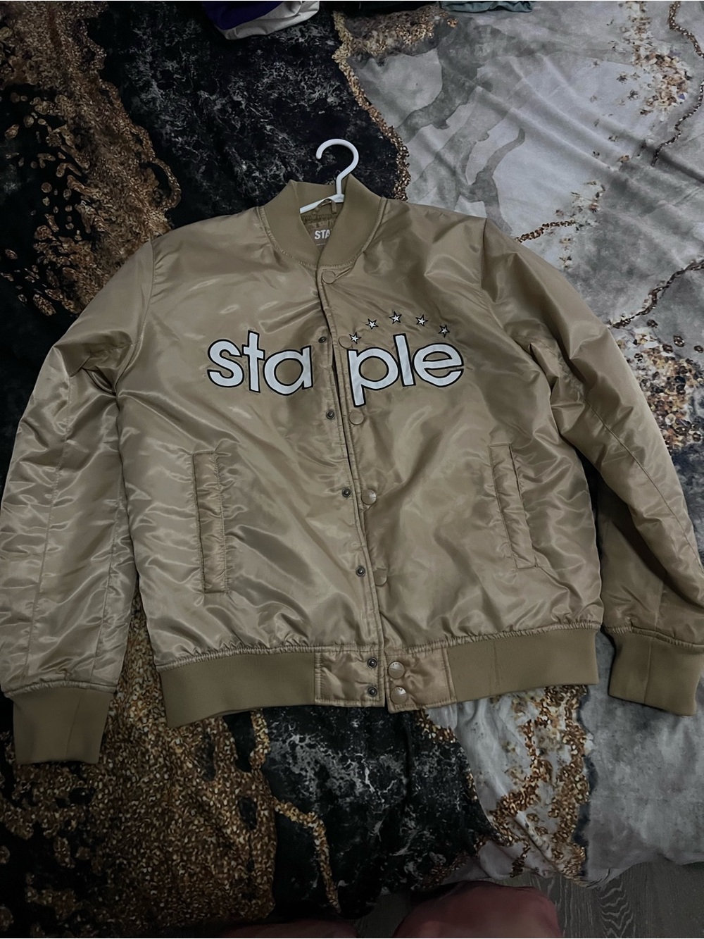 Staple Men's Tan Satin Puffer Jacket with Logo